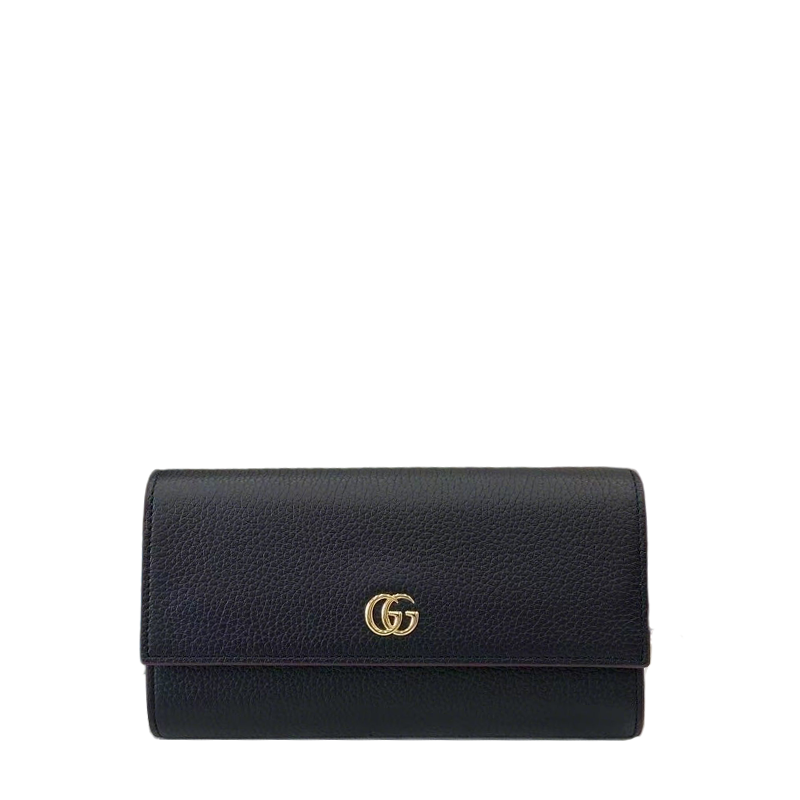 Luxury Black Gucci Long Wallet With Iconic Gold GG Logo And Pebbled Leather Finish 456116