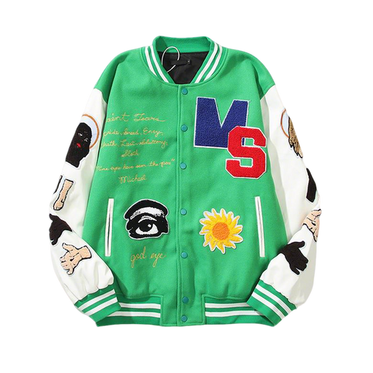 FOG Stylish Green/Black Varsity Jacket With Unique Patches And Embroidery