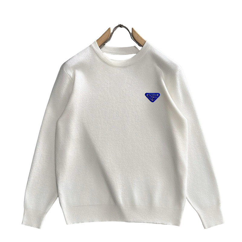 Prada Men's White Crew Neck Knitted Sweater With Blue Triangle Logo