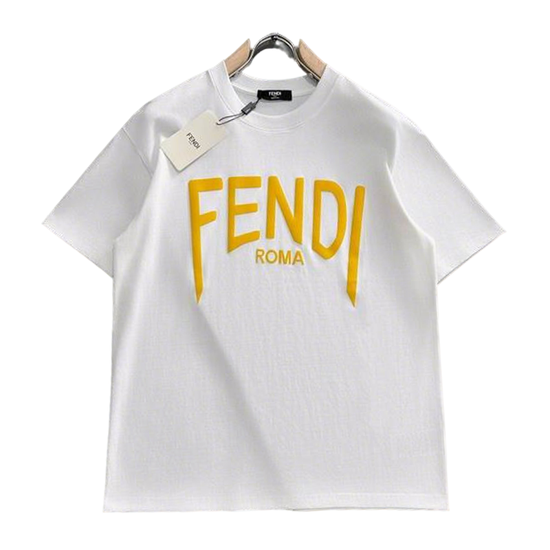 Elegant Fendi Roma White/Black T - Shirt With Bold Yellow Branding For Fashion Lovers