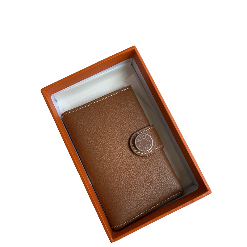 Hermes - Styled Brown Leather Wallet in Signature Orange Box with Button Closure 105-1