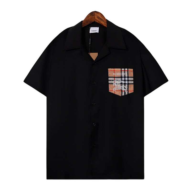 Burberry Style Black/White Short Sleeve Shirt With Checkered Pocket Detail