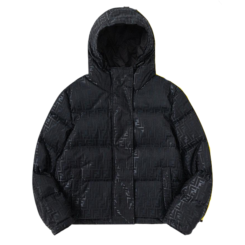 Fendi Black Hooded Down Jacket With Signature Monogram Patterns
