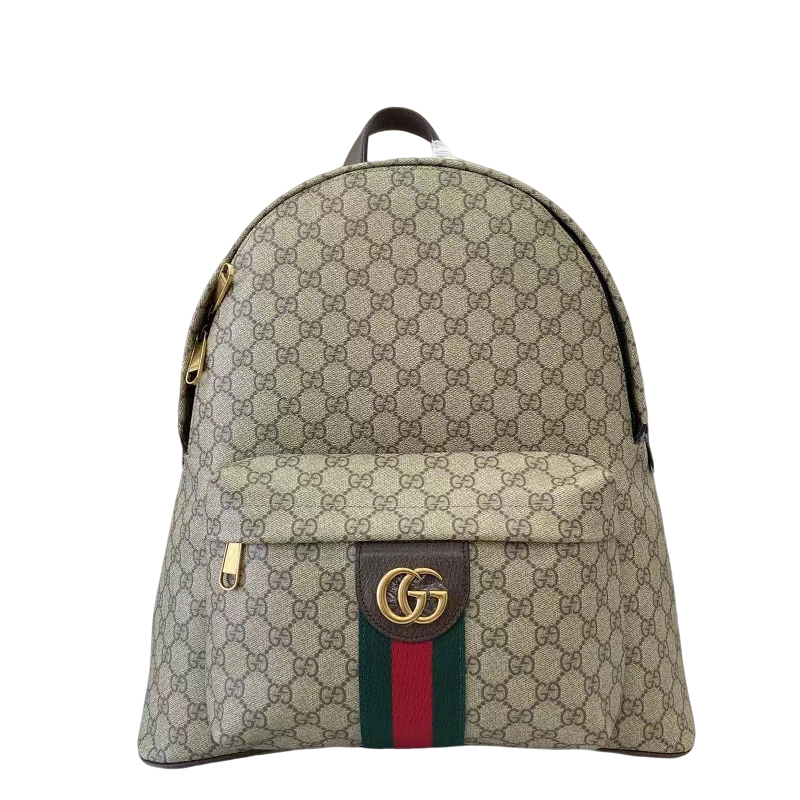 Gucci Beige Ebony GG Supreme Canvas Backpack With Web Stripe And Gold Tone Double G 834466