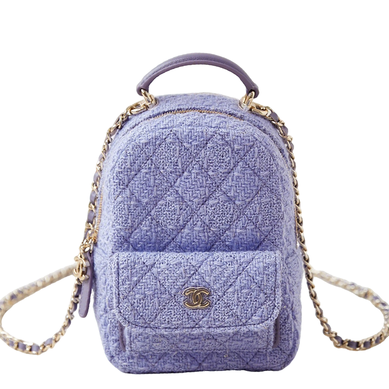 Chanel Mini Backpack in Lavender Tweed with Quilted Pattern and Gold - Tone Chain Straps AP3753