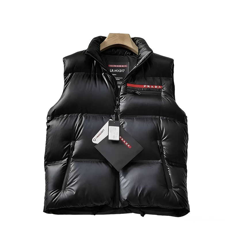 Prada Men's Black Puffer Vest With Brand Details And Zipper Pockets