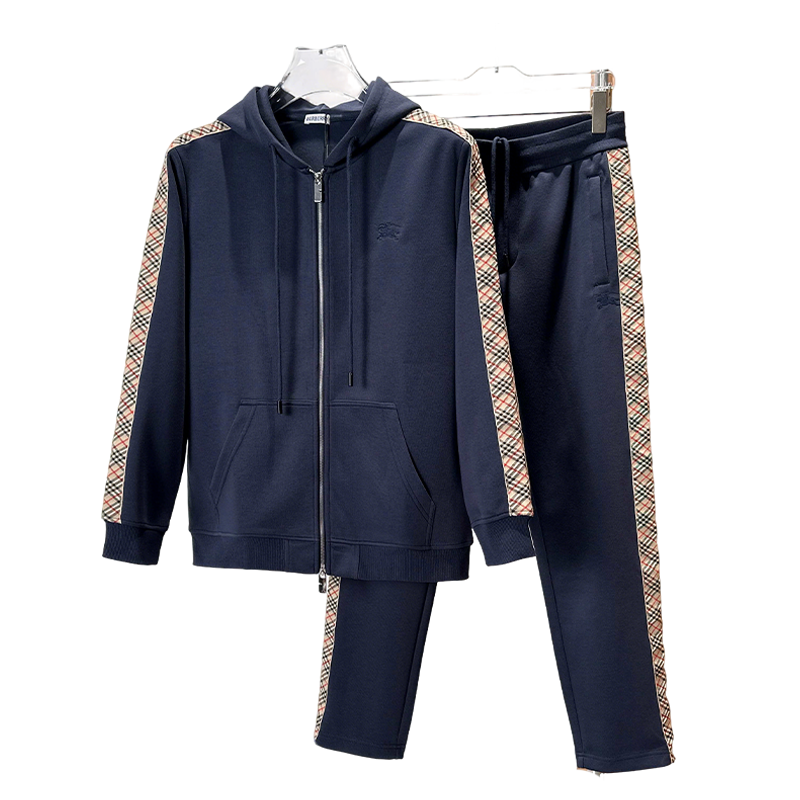 Burberry Men's Navy Blue Hooded Tracksuit With Plaid Details