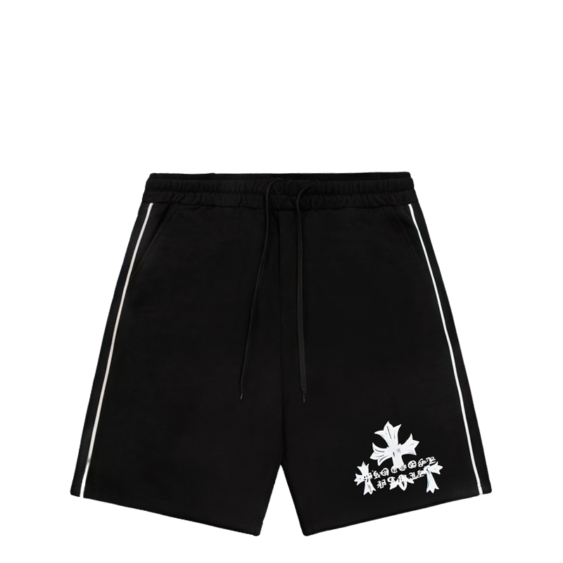 Chrome Hearts Inspired Black Drawstring Shorts With White Cross Logo