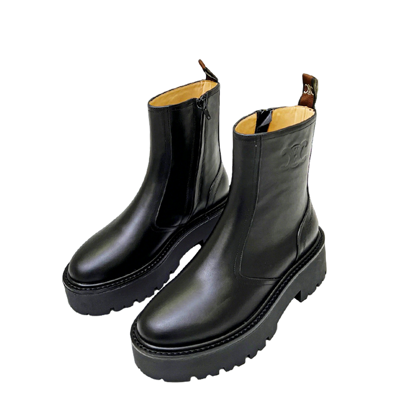 Celine Black Leather Ankle Boots With Platform Sole And Branding