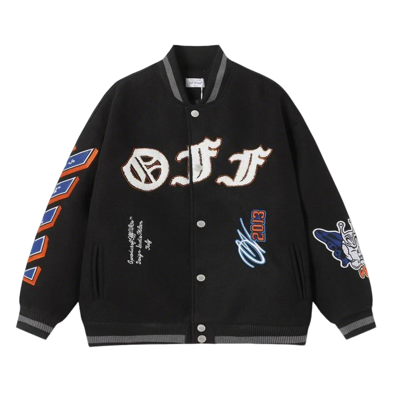 Off - White Black Varsity Jacket With Embroidered Logos And Patches