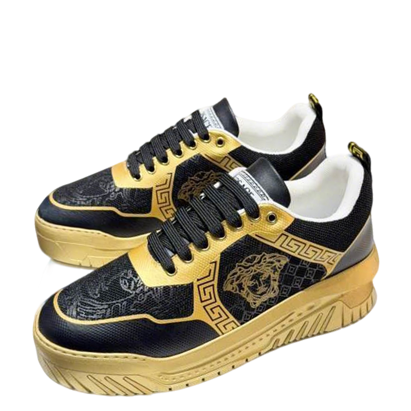 Versace Black And Gold Platform Sneakers With Medusa And Greek Key Motifs