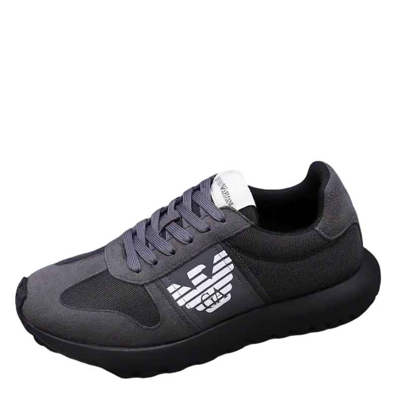 Emporio Armani Grey Mesh And Suede Athletic Sneakers With Logo
