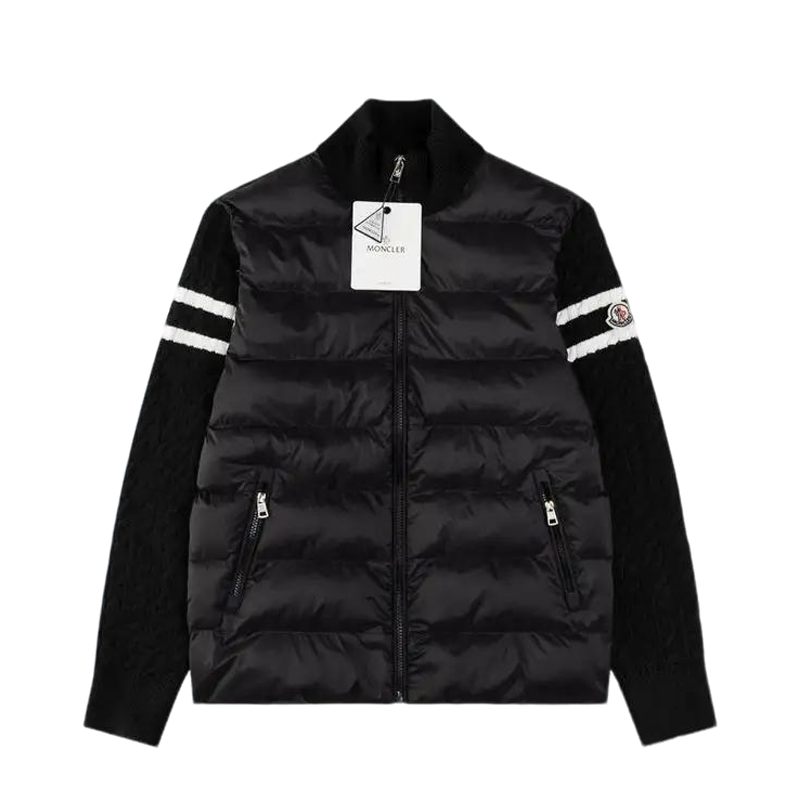 Moncler Men's Black Hybrid Down Jacket With Knitted Sleeves And Stripes