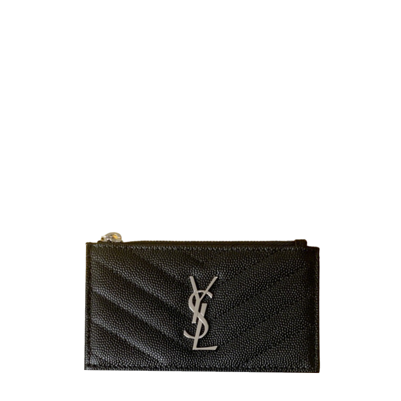 Stylish Saint Laurent Quilted Leather Zip Card Holder with Silver Logo 607915
