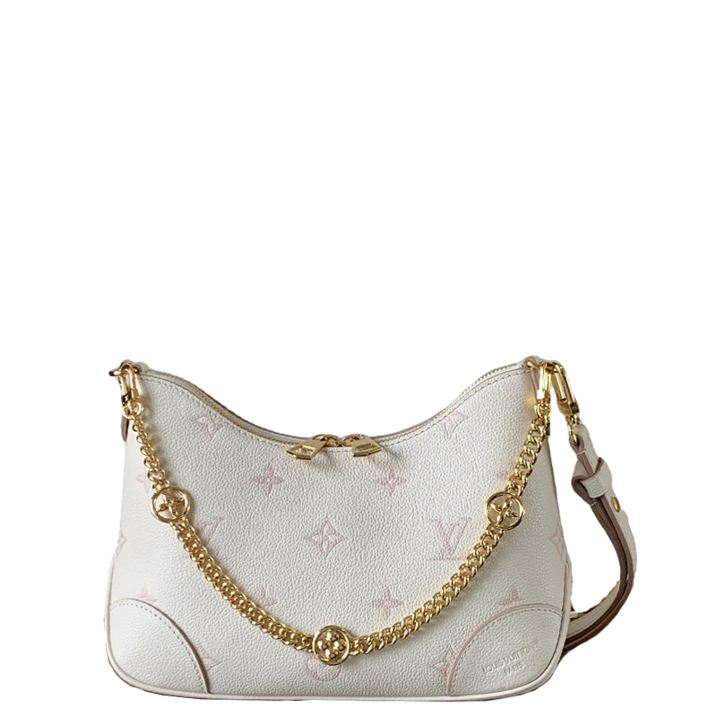 Elegant Louis Vuitton White Hobo Bag With Gold Chain And Monogram Patterns