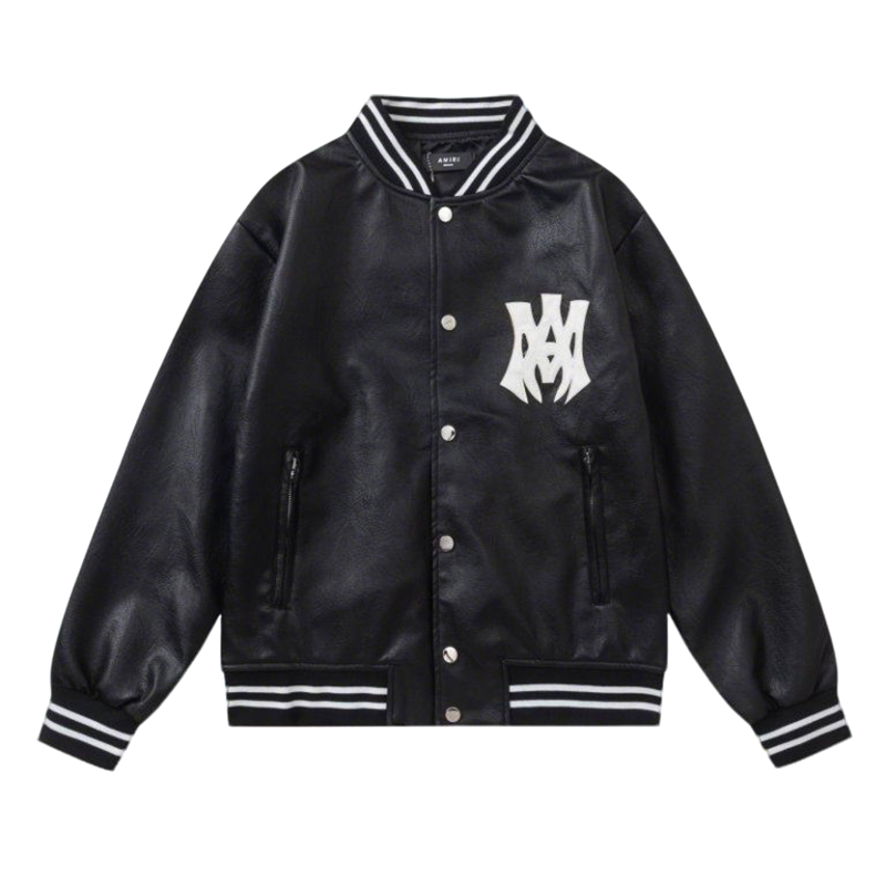 Amiri Black Faux Leather Varsity Jacket With Iconic Logo