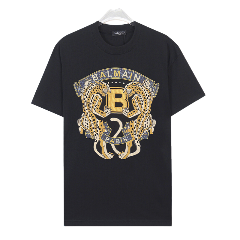 Balmain Black/White Tee With Embroidered Leopard Logo For Luxury Streetwear Style