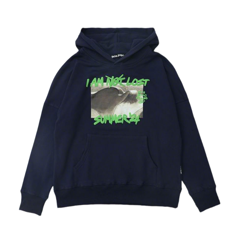 Palm Angels Navy Hoodie Featuring I AM NOT LOST SUMMER24 Graphic Print and Hooded Design