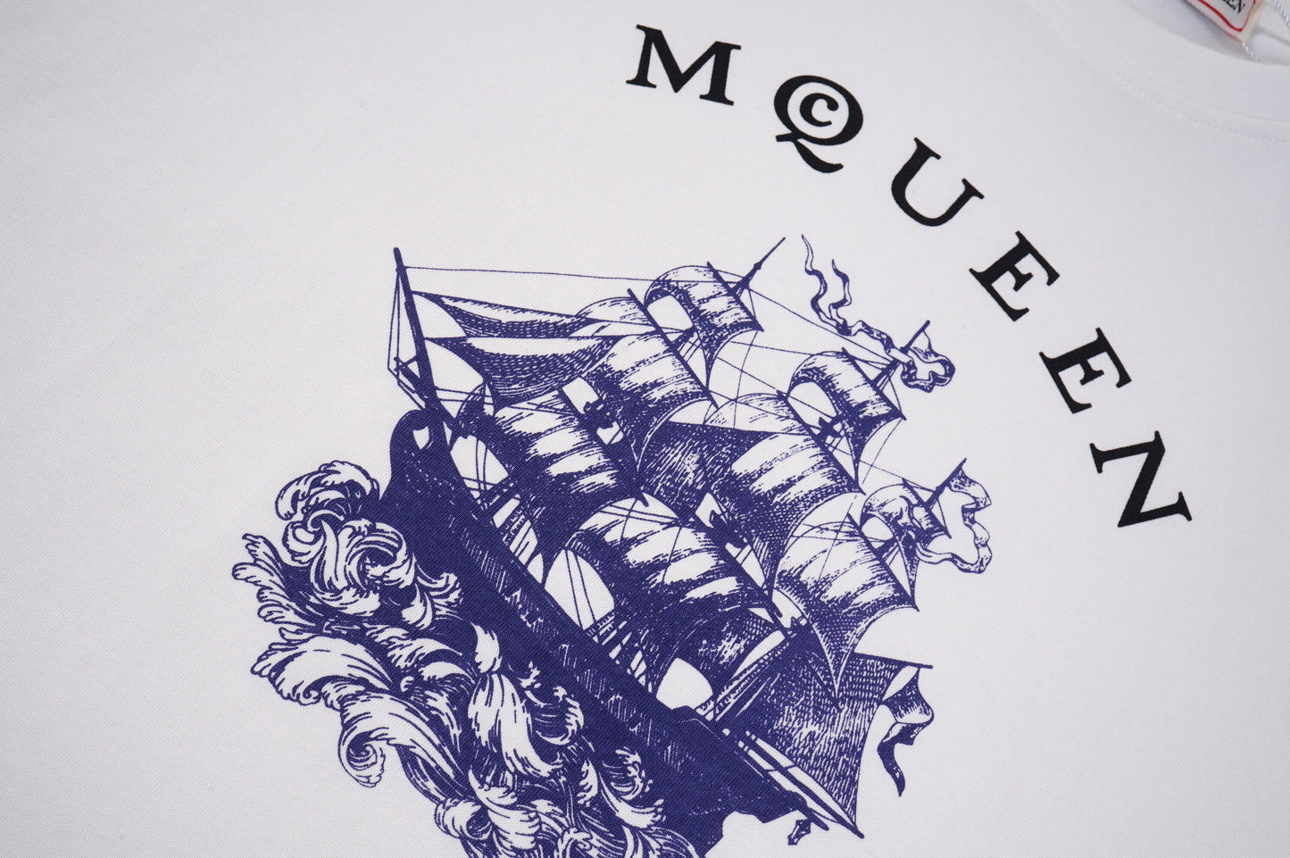Alexander McQueen White T - Shirt With MQUEEN Lettering And Sailing Ship Graphic
