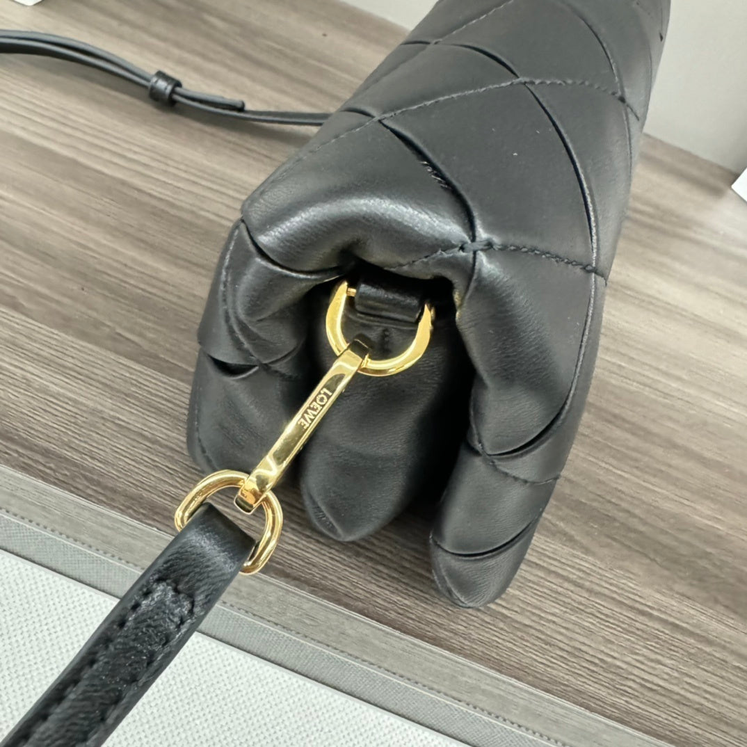 Loewe Puffer Goya Black Quilted Leather Crossbody Bag With Gold Logo Accent 062465