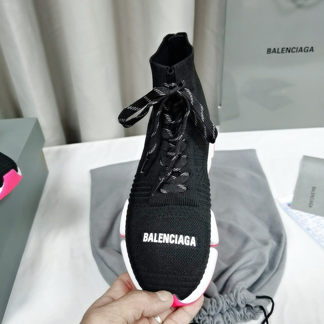 Balenciaga Unisex Black Pink Accent Lace-up Sock Sneakers Fashion Statement for Men and Women