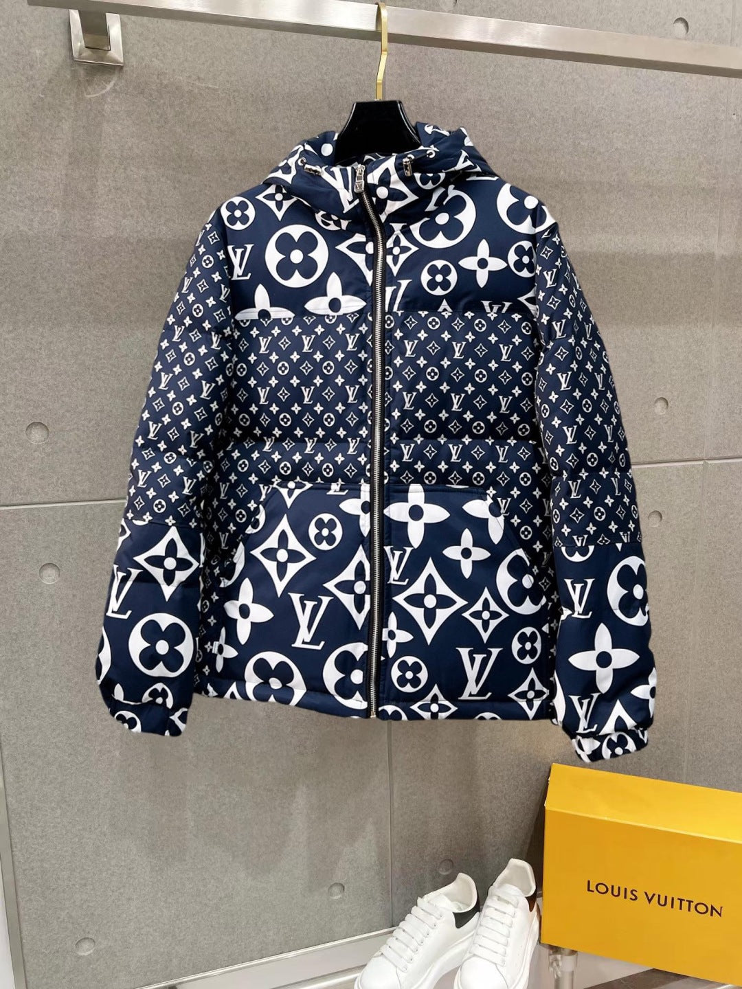 Louis Vuitton Navy Blue Hooded Down Jacket With Monogram Patterns