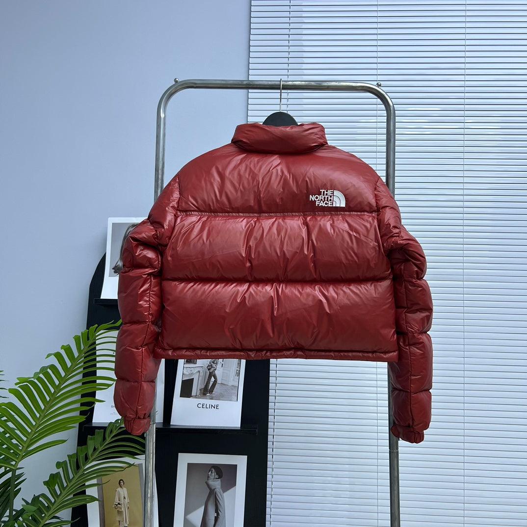 The North Face Burgundy Cropped Nuptse Puffer Jacket For Winter Style