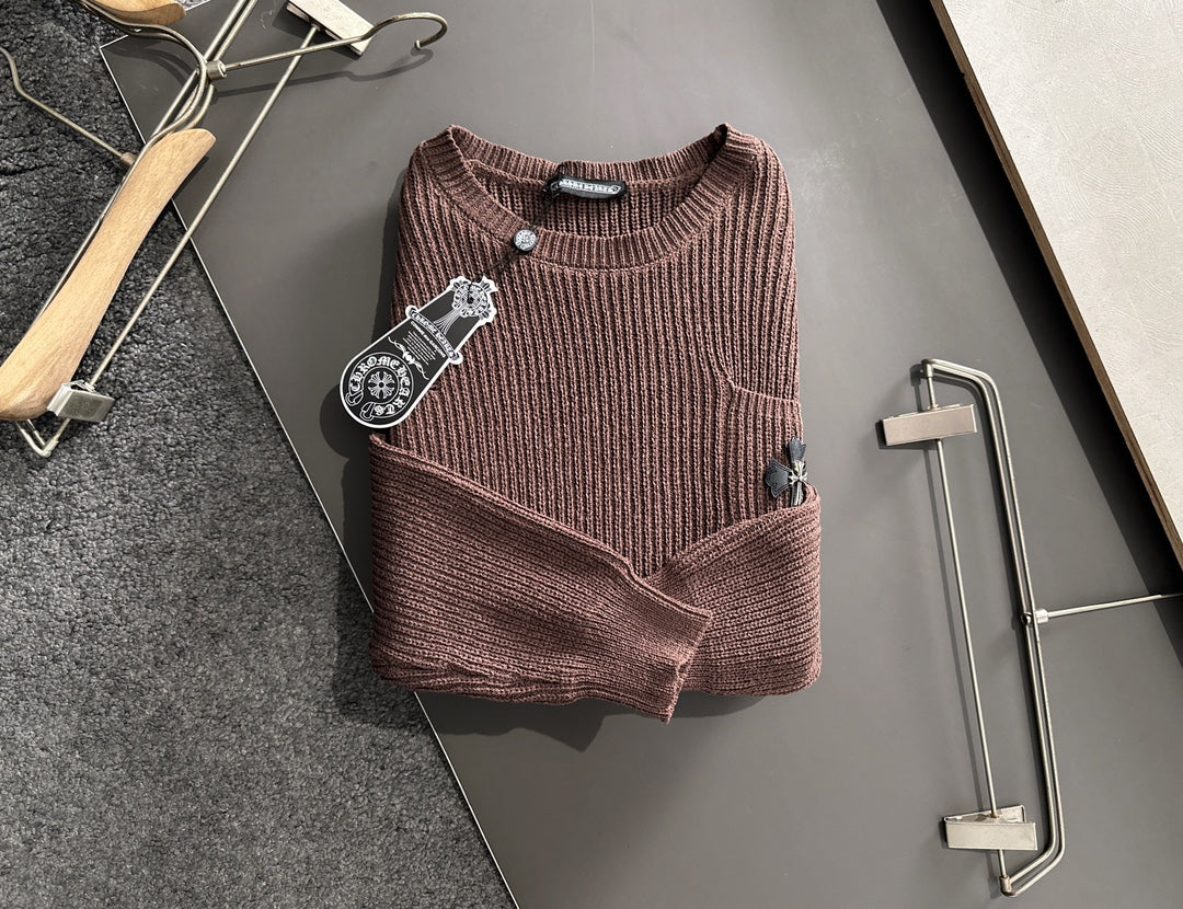 Chrome Hearts Style Brown Crew Neck Sweater With Distressed Details And Cross Emblem