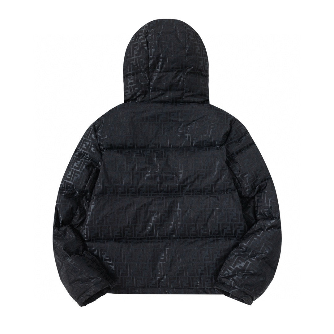 Fendi Black Hooded Down Jacket With Signature Monogram Patterns