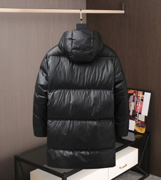 Prada Black Hooded Long Down Jacket With Brand Logo Stripe