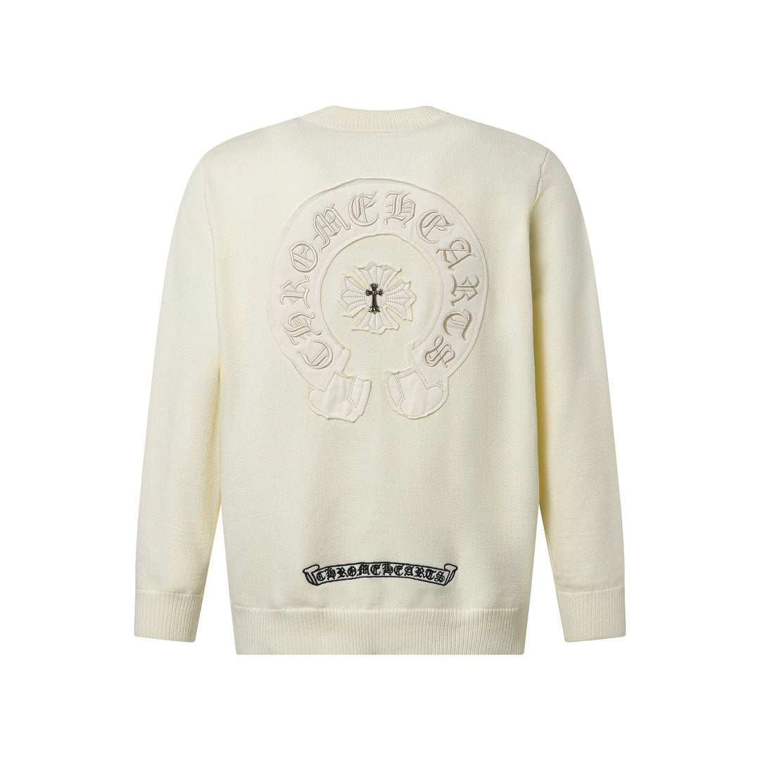 Chrome Hearts Inspired Cream Crew Neck Sweater With Embroidered Logo Detail