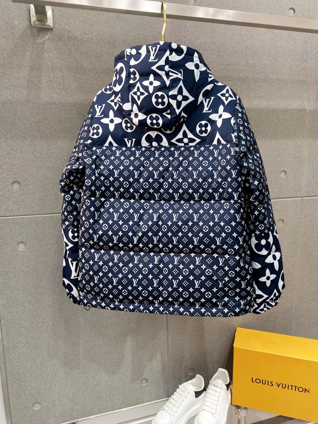 Louis Vuitton Navy Blue Hooded Down Jacket With Monogram Patterns