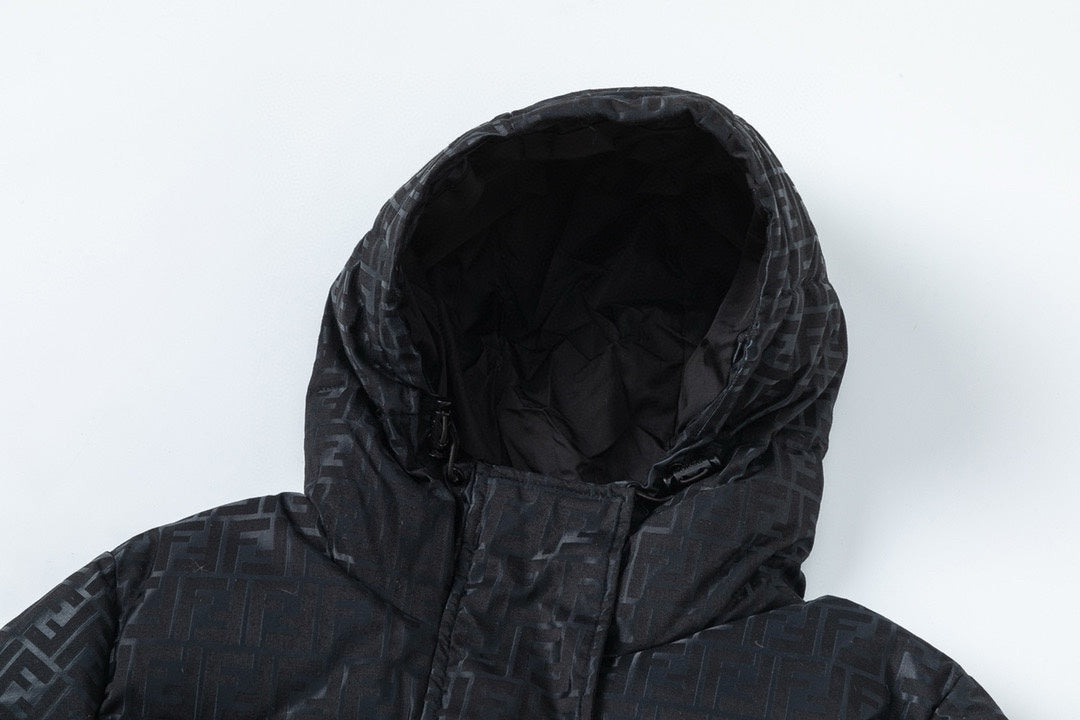 Fendi Black Hooded Down Jacket With Signature Monogram Patterns