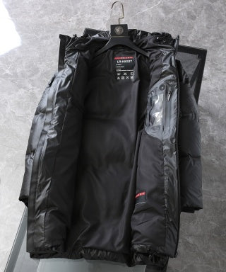 Prada Black Hooded Long Down Jacket With Brand Logo Stripe