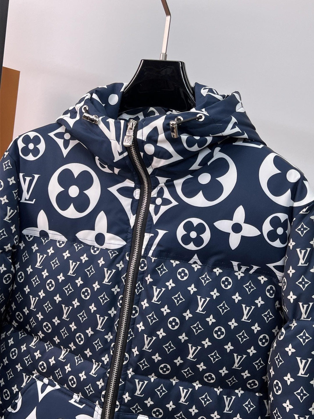 Louis Vuitton Navy Blue Hooded Down Jacket With Monogram Patterns