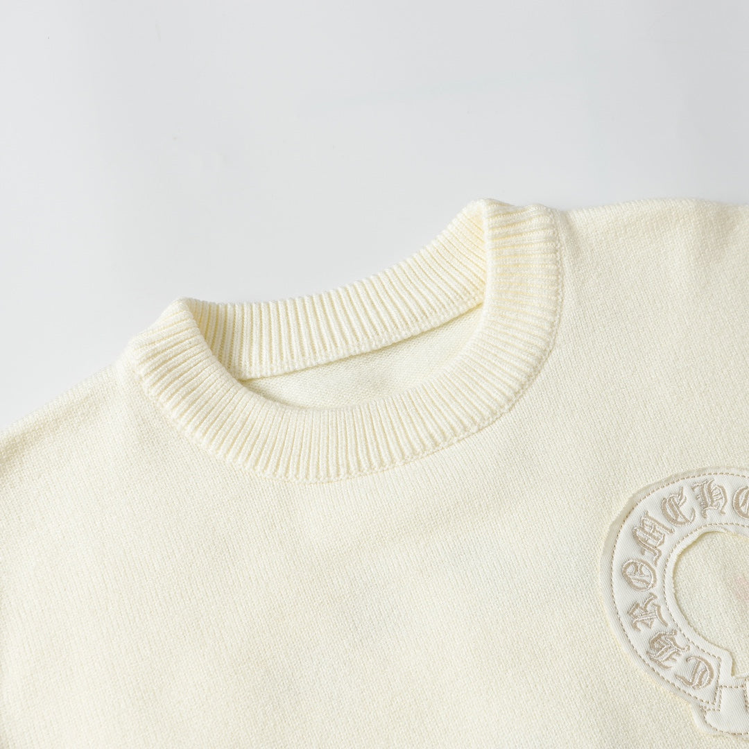 Chrome Hearts Inspired Cream Crew Neck Sweater With Embroidered Logo Detail