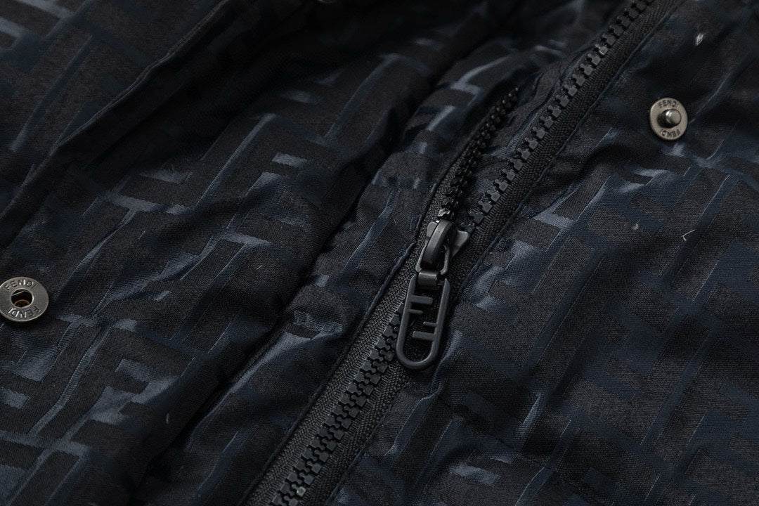Fendi Black Hooded Down Jacket With Signature Monogram Patterns