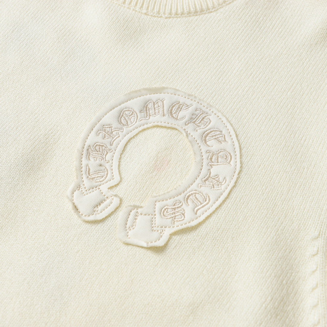 Chrome Hearts Inspired Cream Crew Neck Sweater With Embroidered Logo Detail