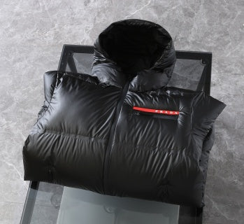 Prada Black Hooded Long Down Jacket With Brand Logo Stripe