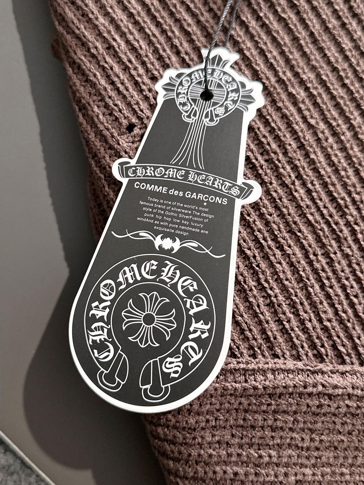 Chrome Hearts Style Brown Crew Neck Sweater With Distressed Details And Cross Emblem