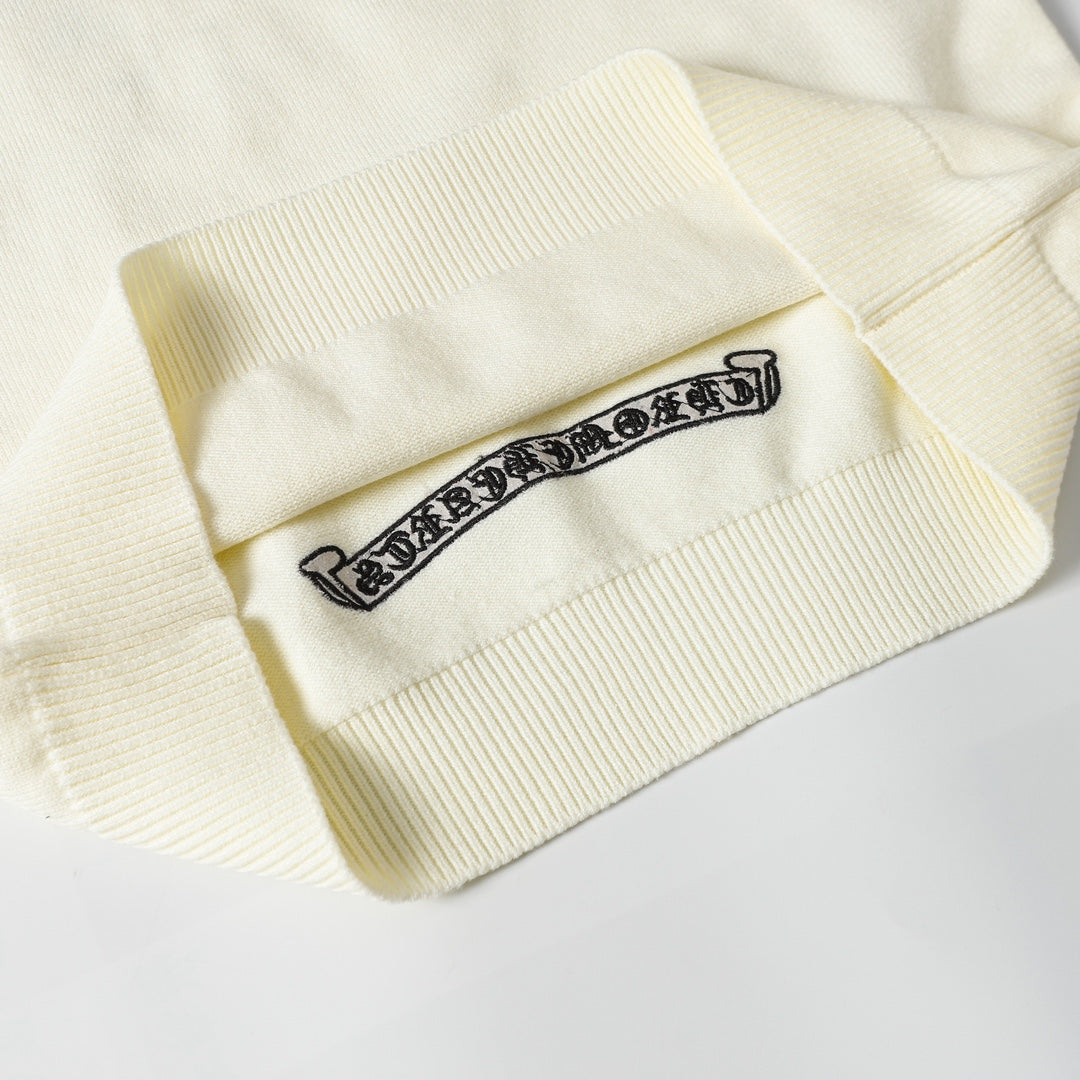Chrome Hearts Inspired Cream Crew Neck Sweater With Embroidered Logo Detail