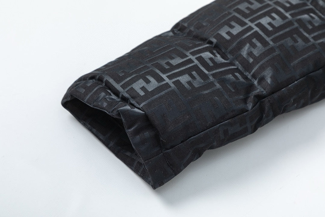 Fendi Black Hooded Down Jacket With Signature Monogram Patterns