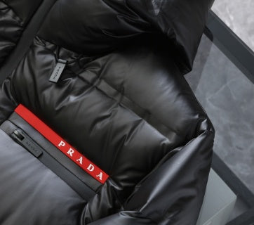 Prada Black Hooded Long Down Jacket With Brand Logo Stripe