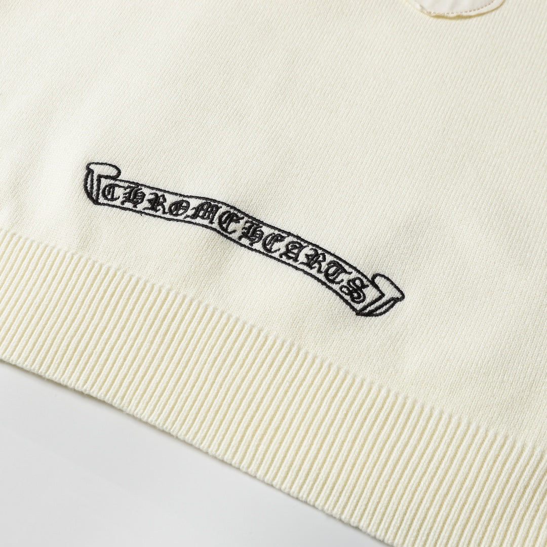 Chrome Hearts Inspired Cream Crew Neck Sweater With Embroidered Logo Detail