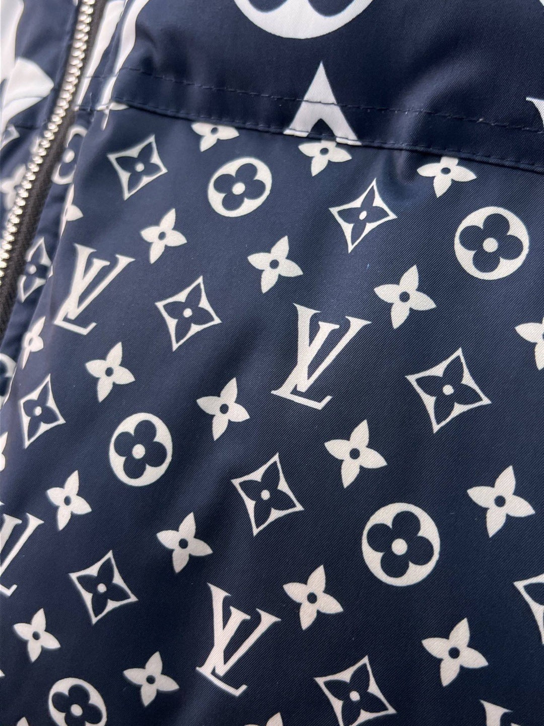Louis Vuitton Navy Blue Hooded Down Jacket With Monogram Patterns