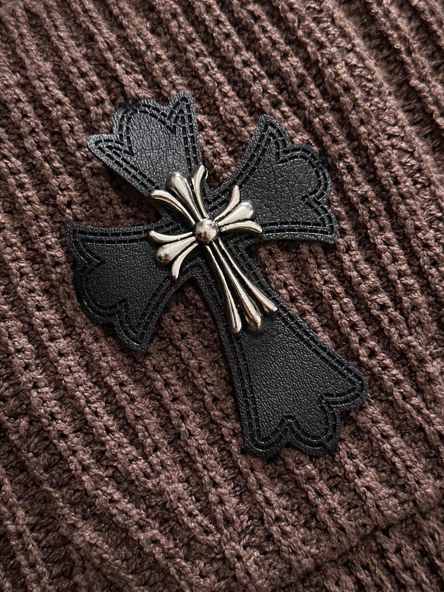 Chrome Hearts Style Brown Crew Neck Sweater With Distressed Details And Cross Emblem