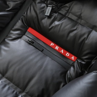 Prada Black Hooded Long Down Jacket With Brand Logo Stripe