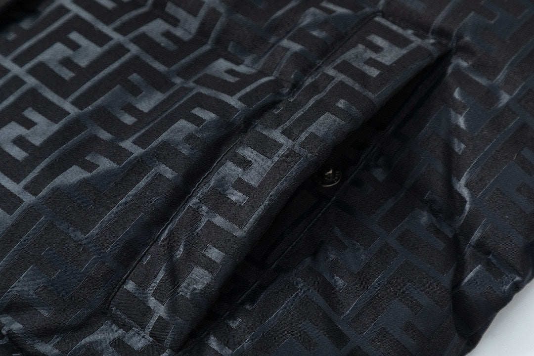 Fendi Black Hooded Down Jacket With Signature Monogram Patterns