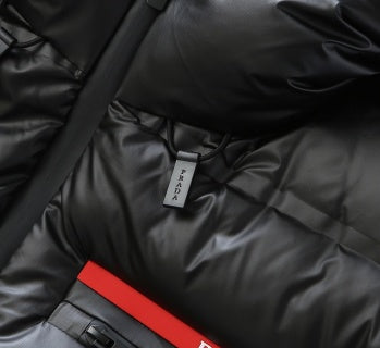 Prada Black Hooded Long Down Jacket With Brand Logo Stripe