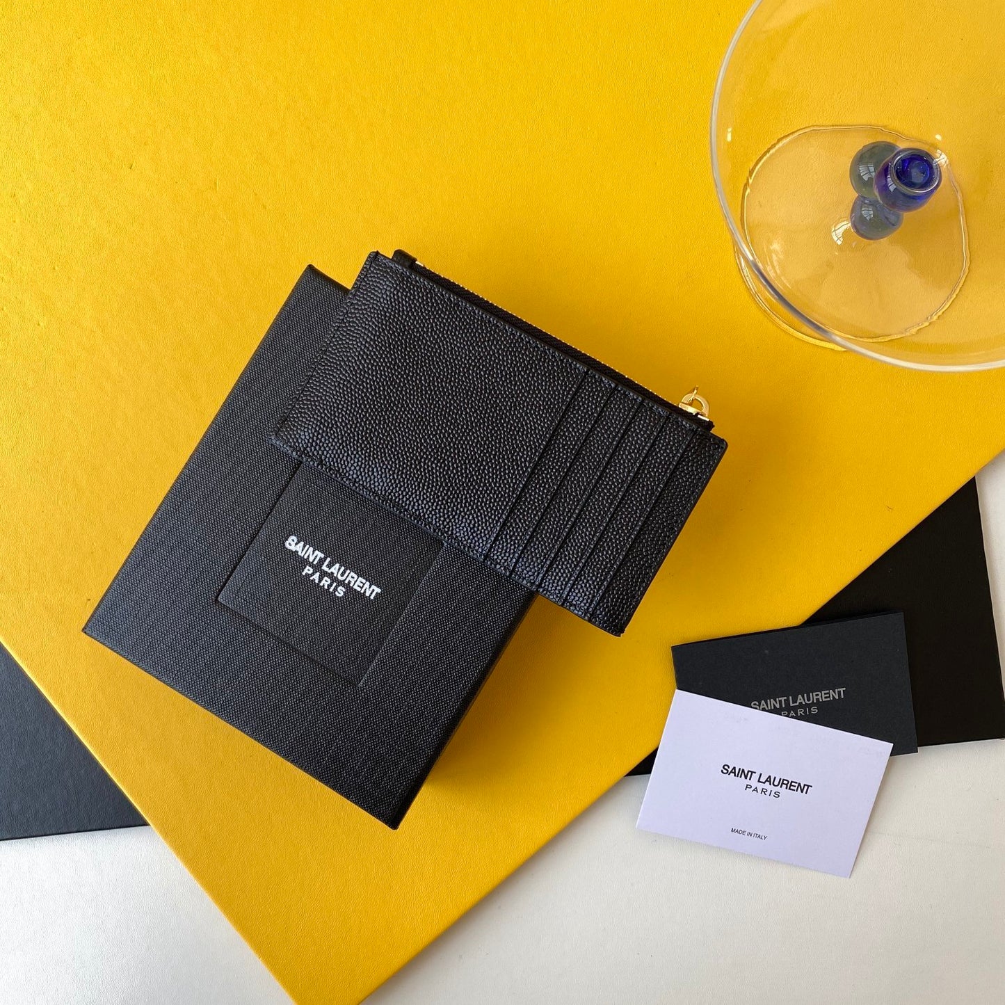 Stylish Saint Laurent Quilted Leather Zip Card Holder with Silver Logo 607915